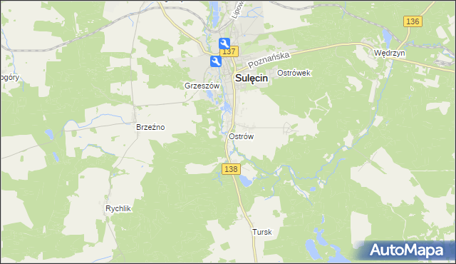 mapa Ostrów gmina Sulęcin, Ostrów gmina Sulęcin na mapie Targeo