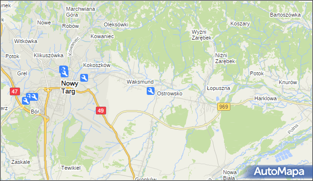 mapa Ostrowsko gmina Nowy Targ, Ostrowsko gmina Nowy Targ na mapie Targeo