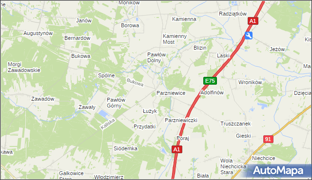 mapa Parzniewice, Parzniewice na mapie Targeo