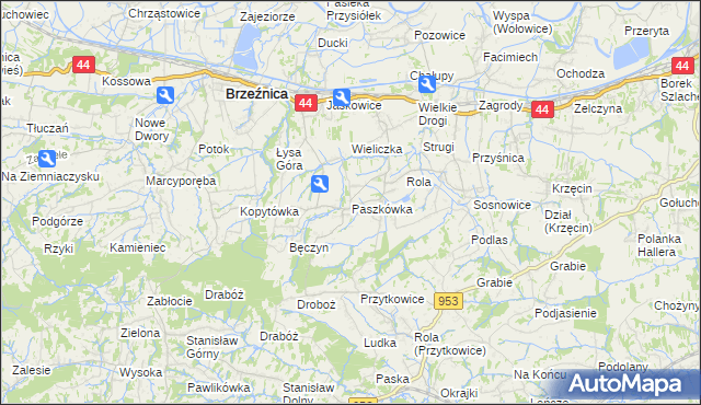 mapa Paszkówka gmina Brzeźnica, Paszkówka gmina Brzeźnica na mapie Targeo