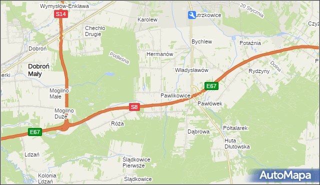 mapa Pawlikowice gmina Pabianice, Pawlikowice gmina Pabianice na mapie Targeo