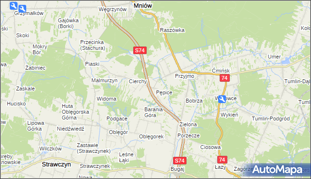mapa Pępice gmina Mniów, Pępice gmina Mniów na mapie Targeo
