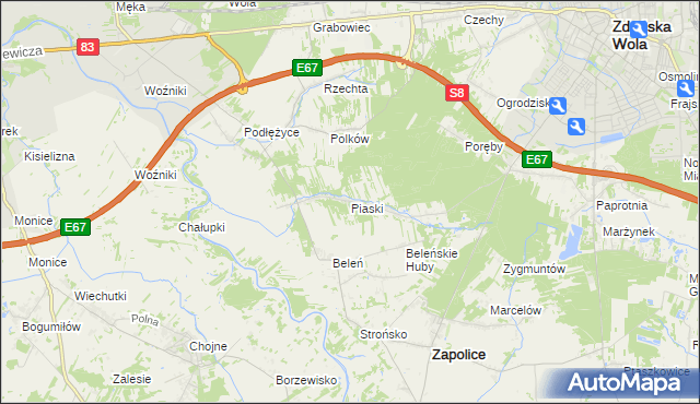 mapa Piaski gmina Zduńska Wola, Piaski gmina Zduńska Wola na mapie Targeo