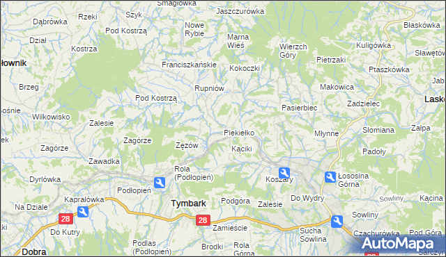 mapa Piekiełko gmina Tymbark, Piekiełko gmina Tymbark na mapie Targeo