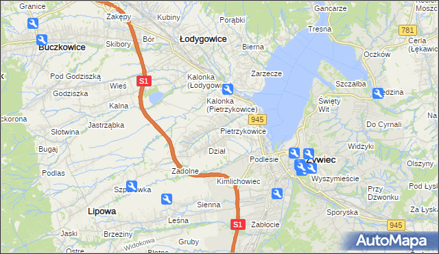 mapa Pietrzykowice gmina Łodygowice, Pietrzykowice gmina Łodygowice na mapie Targeo