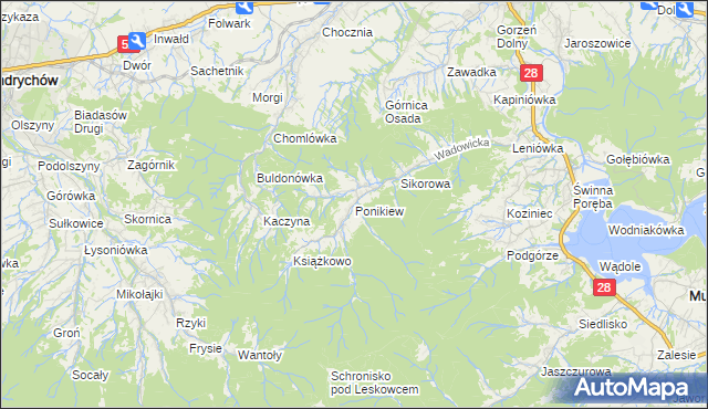 mapa Ponikiew gmina Wadowice, Ponikiew gmina Wadowice na mapie Targeo