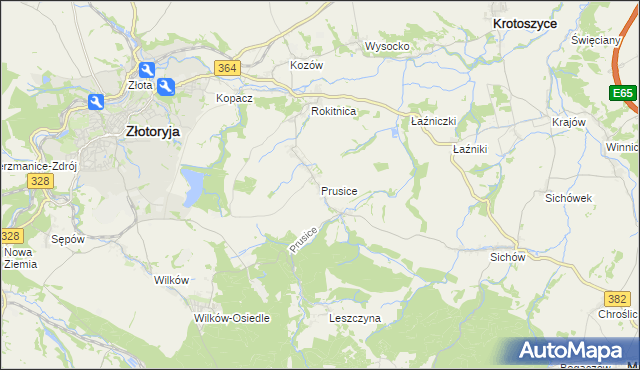 mapa Prusice gmina Złotoryja, Prusice gmina Złotoryja na mapie Targeo