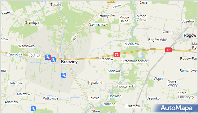 mapa Przecław gmina Brzeziny, Przecław gmina Brzeziny na mapie Targeo