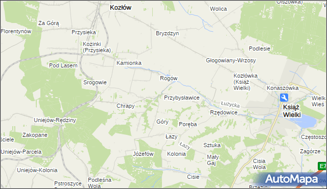 mapa Przybysławice gmina Kozłów, Przybysławice gmina Kozłów na mapie Targeo