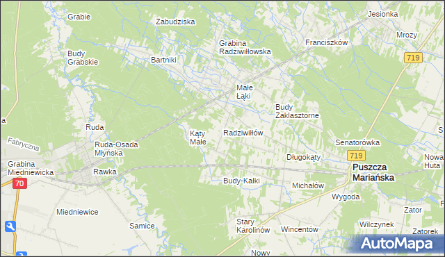 mapa Radziwiłłów gmina Puszcza Mariańska, Radziwiłłów gmina Puszcza Mariańska na mapie Targeo