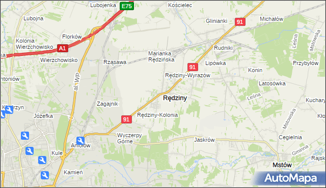 mapa Rędziny powiat częstochowski, Rędziny powiat częstochowski na mapie Targeo