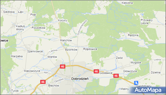 mapa Rzędowice gmina Dobrodzień, Rzędowice gmina Dobrodzień na mapie Targeo