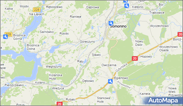mapa Sławki gmina Somonino, Sławki gmina Somonino na mapie Targeo