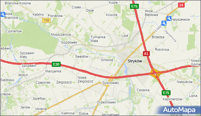 mapa Smolice gmina Stryków, Smolice gmina Stryków na mapie Targeo