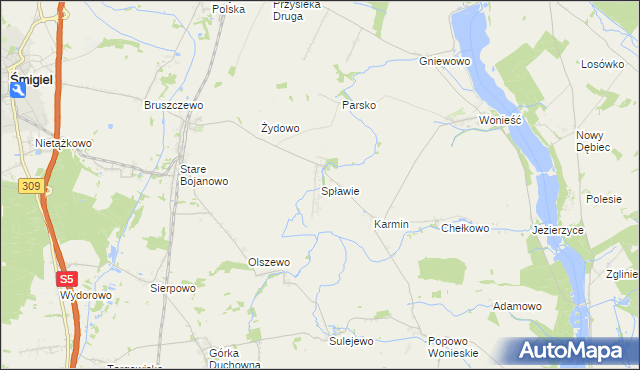 mapa Spławie gmina Śmigiel, Spławie gmina Śmigiel na mapie Targeo