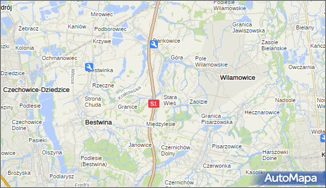 mapa Stara Wieś gmina Wilamowice, Stara Wieś gmina Wilamowice na mapie Targeo