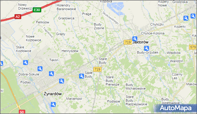 mapa Stare Budy gmina Jaktorów, Stare Budy gmina Jaktorów na mapie Targeo