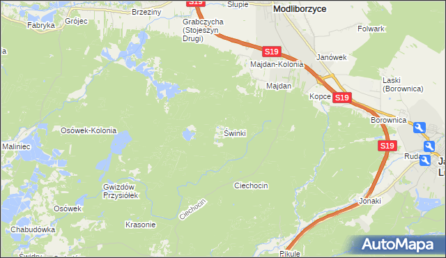 mapa Świnki gmina Modliborzyce, Świnki gmina Modliborzyce na mapie Targeo