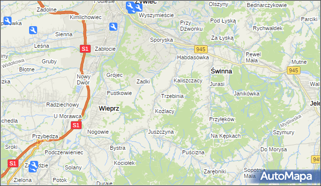 mapa Trzebinia gmina Świnna, Trzebinia gmina Świnna na mapie Targeo