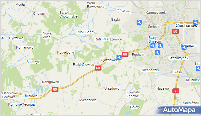 mapa Ujazdówek gmina Ciechanów, Ujazdówek gmina Ciechanów na mapie Targeo