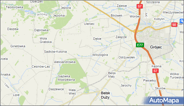 mapa Wilczogóra gmina Belsk Duży, Wilczogóra gmina Belsk Duży na mapie Targeo