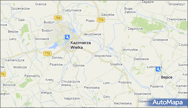 mapa Wojciechów gmina Kazimierza Wielka, Wojciechów gmina Kazimierza Wielka na mapie Targeo