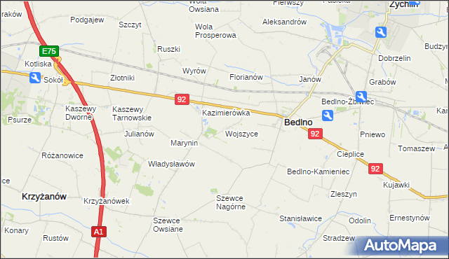 mapa Wojszyce gmina Bedlno, Wojszyce gmina Bedlno na mapie Targeo