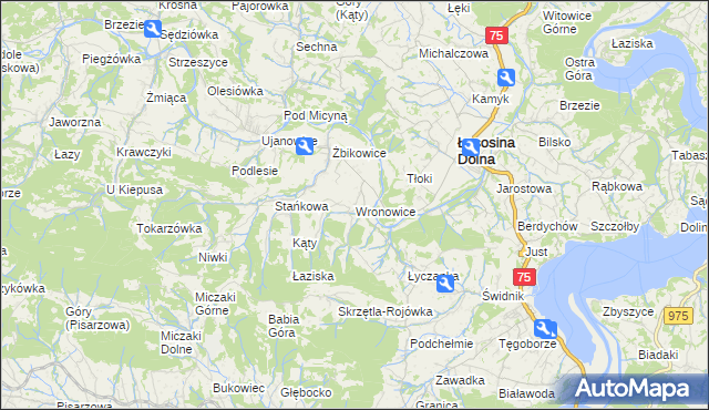 mapa Wronowice gmina Łososina Dolna, Wronowice gmina Łososina Dolna na mapie Targeo