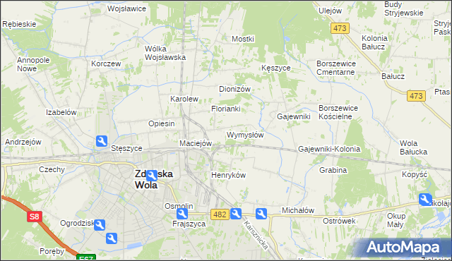 mapa Wymysłów gmina Zduńska Wola, Wymysłów gmina Zduńska Wola na mapie Targeo