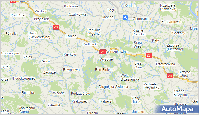 mapa Wysokie gmina Limanowa, Wysokie gmina Limanowa na mapie Targeo