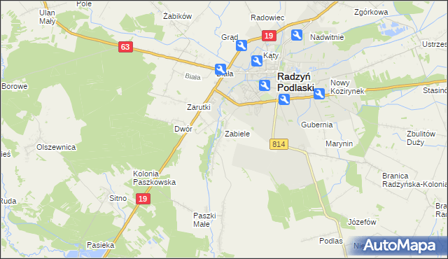 mapa Zabiele gmina Radzyń Podlaski, Zabiele gmina Radzyń Podlaski na mapie Targeo