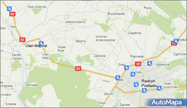 mapa Żabików gmina Radzyń Podlaski, Żabików gmina Radzyń Podlaski na mapie Targeo