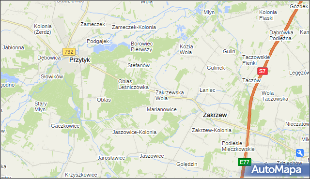 mapa Zakrzewska Wola gmina Zakrzew, Zakrzewska Wola gmina Zakrzew na mapie Targeo