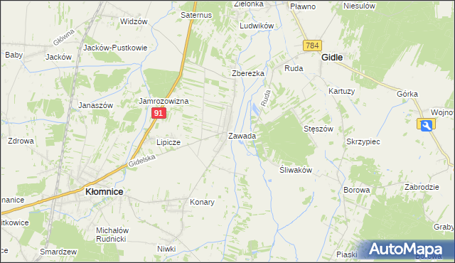 mapa Zawada gmina Kłomnice, Zawada gmina Kłomnice na mapie Targeo