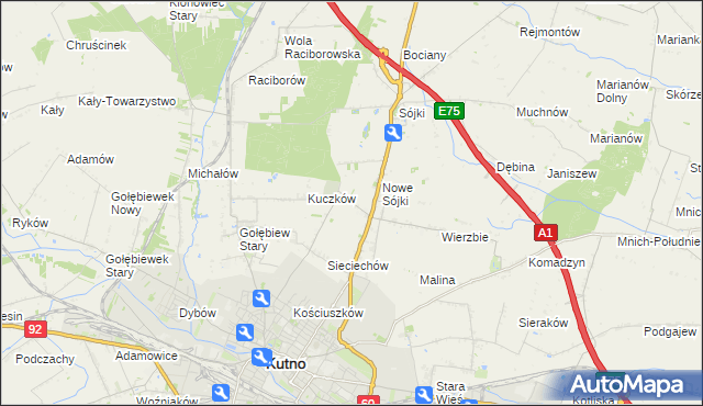 mapa Żurawieniec gmina Kutno, Żurawieniec gmina Kutno na mapie Targeo