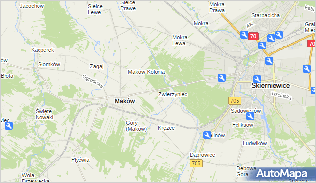 mapa Zwierzyniec gmina Maków, Zwierzyniec gmina Maków na mapie Targeo