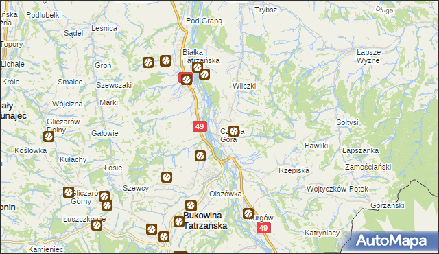 mapa Czarna Góra gmina Bukowina Tatrzańska, Czarna Góra gmina Bukowina Tatrzańska na mapie Targeo