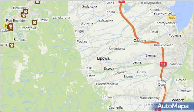 mapa Lipowa powiat żywiecki, Lipowa powiat żywiecki na mapie Targeo
