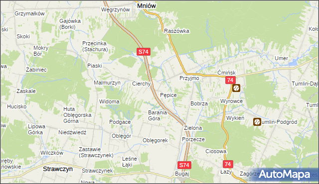mapa Pępice gmina Mniów, Pępice gmina Mniów na mapie Targeo
