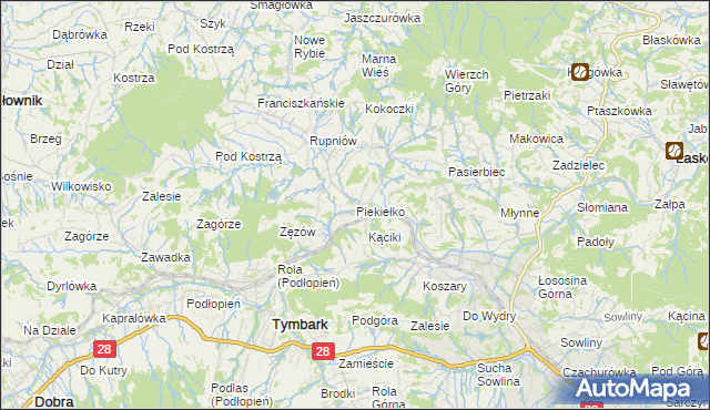 mapa Piekiełko gmina Tymbark, Piekiełko gmina Tymbark na mapie Targeo
