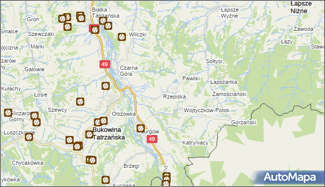 mapa Rzepiska gmina Bukowina Tatrzańska, Rzepiska gmina Bukowina Tatrzańska na mapie Targeo