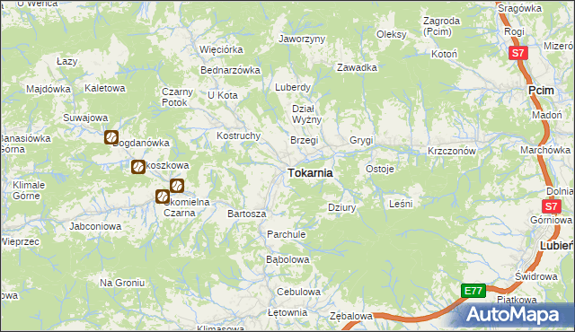 mapa Tokarnia powiat myślenicki, Tokarnia powiat myślenicki na mapie Targeo