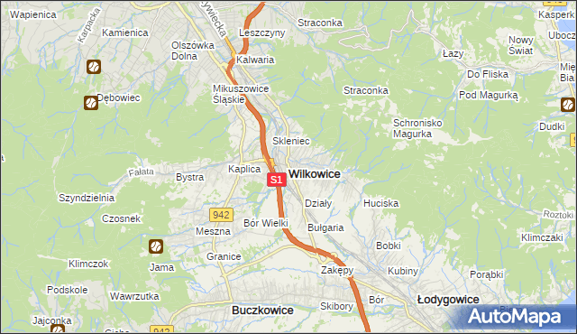 mapa Wilkowice powiat bielski, Wilkowice powiat bielski na mapie Targeo