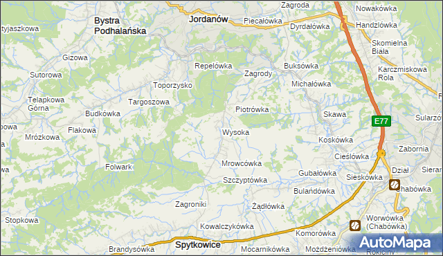 mapa Wysoka gmina Jordanów, Wysoka gmina Jordanów na mapie Targeo