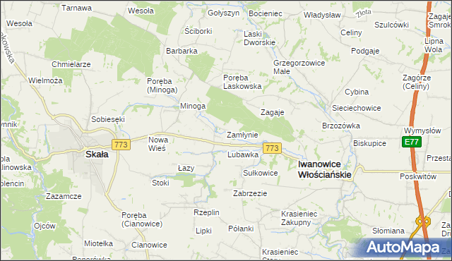 mapa Zamłynie gmina Skała, Zamłynie gmina Skała na mapie Targeo