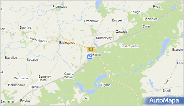 mapa Bielice gmina Biskupiec, Bielice gmina Biskupiec na mapie Targeo