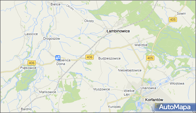 mapa Budzieszowice gmina Łambinowice, Budzieszowice gmina Łambinowice na mapie Targeo