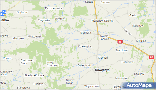 mapa Dziewiątka gmina Kawęczyn, Dziewiątka gmina Kawęczyn na mapie Targeo