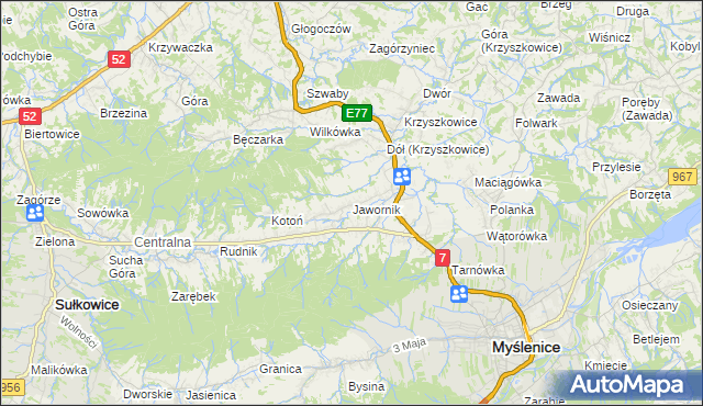 mapa Jawornik gmina Myślenice, Jawornik gmina Myślenice na mapie Targeo