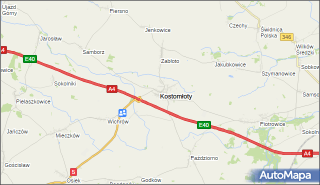 mapa Kostomłoty powiat średzki, Kostomłoty powiat średzki na mapie Targeo